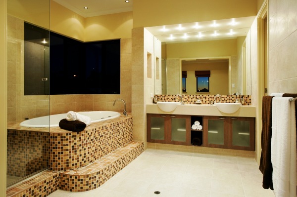 Bathroom,Awesome Bath Design Inspiration With Charming Corner Built In Bathtub And Cool Clear Frosted Glass Door Vanity Cabinet Also Gorgeous Double Vessel Sink In Nice White Color Plus Amazing Great Wall Mirror ,Admirable Bath Designs To Your Bathroom 