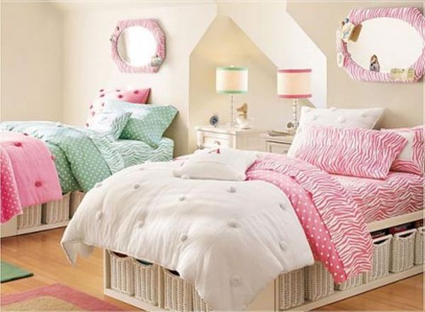 Bedroom,Enticing Tween Room Design Ideas With Comfortable Double Low Profile Bed In White Bed Frame And Wonderful Rattan Under Storage Bed Also Pretty Two Oval Glass Mirror Plus Beautiful Double White Wood Nightstand Table On Combined Gorgeous Double Desk Lamp,Cool Awesome Tween Rooms Design Ideas