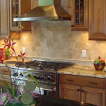 Furniture,Classic Interior Design Picture With Nice Brown Wood Kitchen Cabinet On Combined Cool White Black Granite Countertop And Modern Stainless Stovetop And Wonderful Floating Brown Wood Kitchen Cabinet Also Picturesque Stainless Cooker Hood,Pretentious Interior Design Pictures 2015