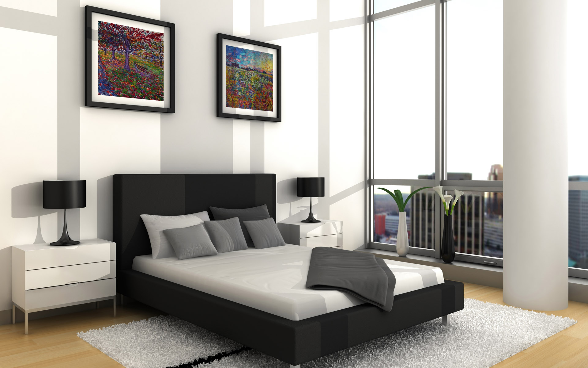 Furniture,Amazing Interior Design With Stunning Black Bed Frame On Combined Cool White Bed Cover And Beautiful Twins White Wood Bedside Table Plus Nice Black Drum Table Lamps Also Picturesque Black Picture Frames On The White Wall,Cool Home Interior Designs Of 2015