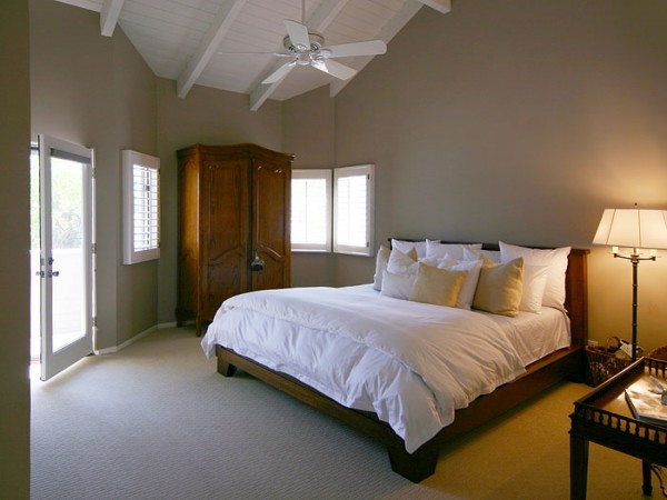 Bedroom,Trendy Neutral Bedroom Ideas With Stylish Brown Wood Bed Frame On Combined Comfortable White Fabric Bed Cover And Adorable Corner Brown Wood Wardrobe Plus Impressive White Ceiling Fan Also Gorgeous Gray Wall Paint,Comfortable Neutral Bedroom Ideas To You