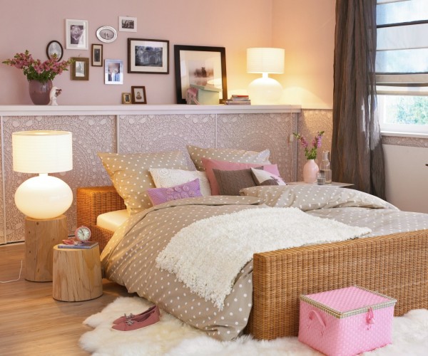 Bedroom,Cool Awesome Bedroom Inspiration With Stylish Rattan Frame And Trendy Polcadot Also Nice Wood Round Accent Table On Combined Stand Lamp For Rustic Concept,Modern Bedroom Inspiration