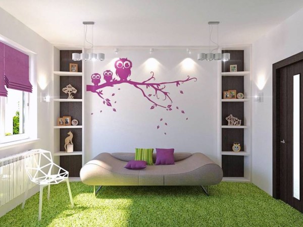 Bedroom,Fabulous Purple Owl Sticker On The White Wall Bedroom Ideas For Girls With Amazing Gray Bed Sheet On Combined Nice Stainless Legs And Cool Between White Wooden Shelves Also Comfortable White Chair Plus Soft Green Rug,Fresh Bedroom Ideas For Girls