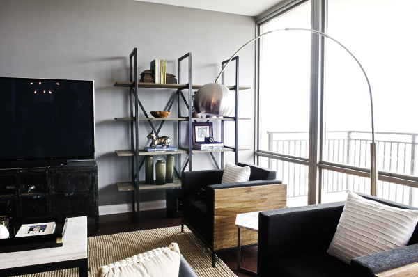 Apartments,Enchanting Gray Wall Paint Bachelor Apartment Design Inspiration With Amazing Entertainment Tv And Comfortable Single Seater Sofas Plus Modern Arc Floor Lamp Also Vintage Open Shelves ,Exceptional Bachelor Apartment Designs