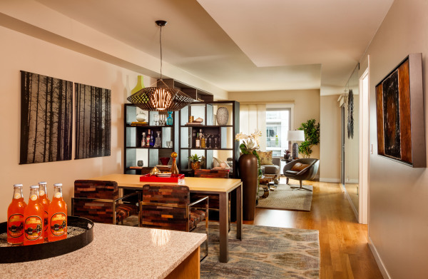 Apartments,Impressive White Wall Paint Bachelor Apartment Design Inspiration With Charming Open Plan Living Room And Comfortable Dining Table Plus Cozy Metal Dining Chairs Also Unique Oversized Pendant Lamp,Exceptional Bachelor Apartment Designs