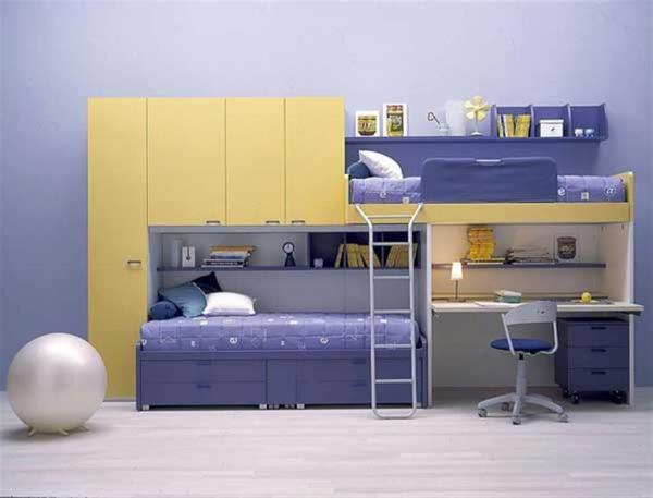 Bedroom,Fabulous Violet Scheme Bunk Bed Dsesign Ideas With Cool Underneath Study Space And Beautiful Bookshelf Also Cozy Arm Chair,Modern Bunk Bed For Kids Bedroom Designs