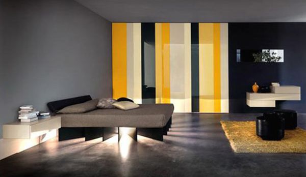 Bedroom,Extraordinary Modern Bedroom Color Scheme Design Inspiration With Unique Black Bed Frame On Combined Led And Soft Gray Mattress Also Soft Yellow Rectangular Plus Cozy Black Double Cushion Ottoman For Little Boys Bedroom,Modern Bedroom Color Schemes