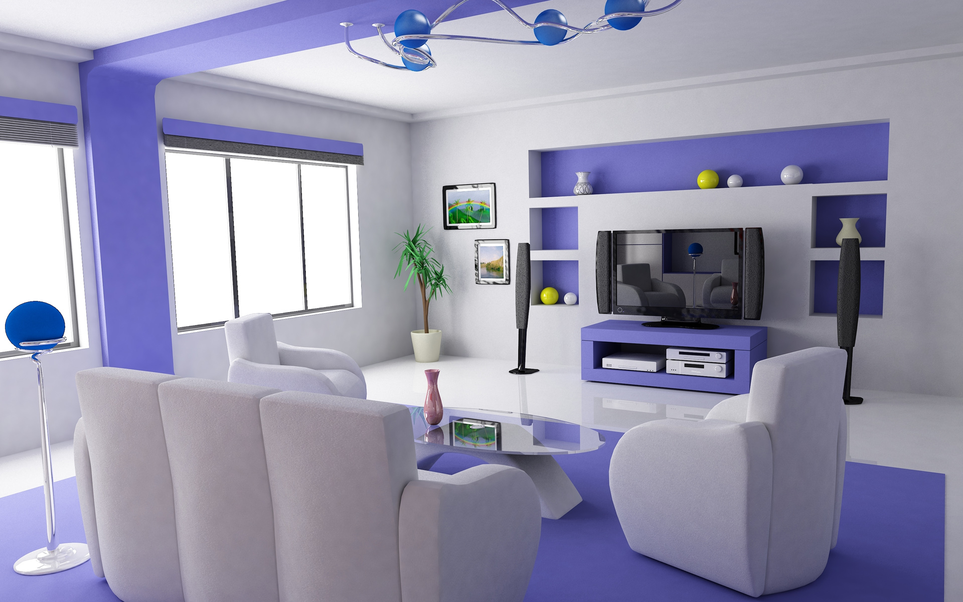 Interior,Impressive Purple White Themed Interior Design Photo With Awesome White Leather Sofaas And Unique Glass Oval Table On Combined Soft Large Purple Rug Also Cool Entertaiment Center,Best High Quality Interior Design Photos To Your Living Room