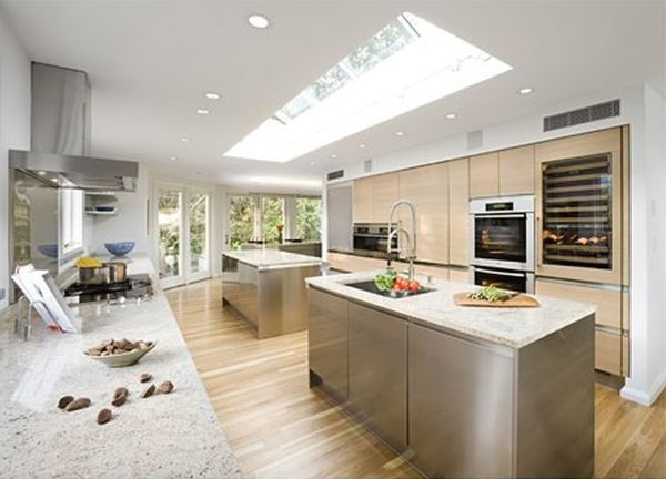 Furniture,Delight Beautiful Contemporary Kitchen Design Ideas With Cool White Granite Countertop And Nice Stainless Cooker Hood Also Wonderful Stainless Kitchen Island On Combined Wood Floor Plus Marvelous Oven Stove Built In Craft,Beautiful Contemporary Kitchens