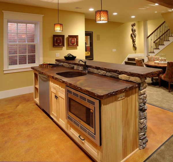 Furniture,Astounding Open Plan Design For Kitchen Island With Beautiful Brown Marble Countertop Combined Natural Bright Brown Wood Kitchen Island Cabinet And Stylish Oven Stove Built In Craft Also Nice Round Brown Wood Dining Table Plus Comfortable Dining Chairs,Simple But Impressive Designs For Kitchen Islands