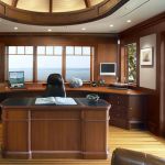 Furniture,Adorable Mid Century Home Office Design For Two People With Cool Brown Nook Wood Desk And Beautiful Three Window Also Comfortable Black Brown Wood Desk On Combined Gorgeous Bright Wood Floor Plus Cozy Black Leather Office Chair ,Comfortable Home Office Design For Two People 