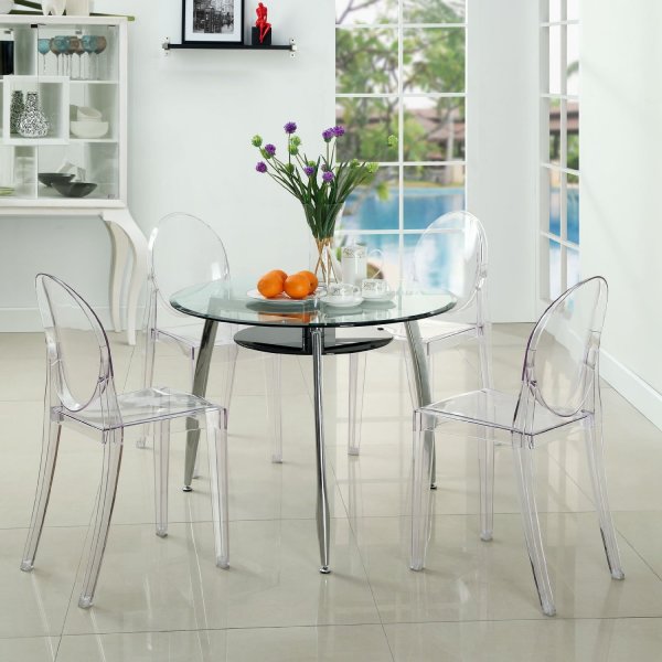 Furniture,Fascinating White Wall Paint Ghost Chair Design Ideas With Cool Clear Ghost Chairs And Modern Glass Round Table Plus Nice Chrome Legs Also Wonderful Cream Ceramic Tile Floor,Best Ghost Chairs Design To Your Home Furniture