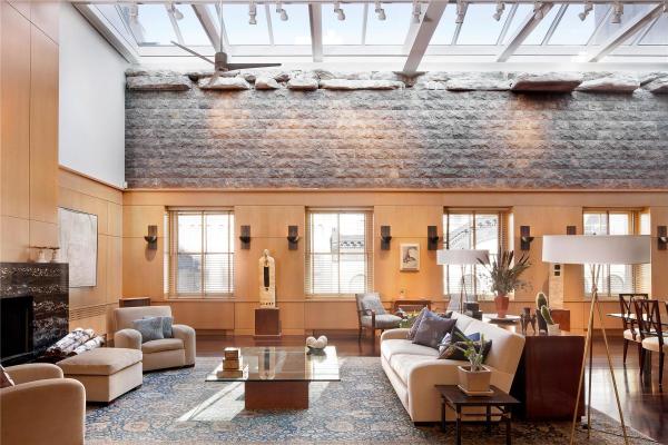 Apartments,Fabulous Exclusive Manhattan Penthouse Apartement Design Ideas With Comfortable Beige Two Seater Sofa On Combined Large Black Rug  And Nice Glass Coffe Table Also Beautiful Chapman Tripod Floor Lamps For Living Room ,Manhattan Penthouse Apartments