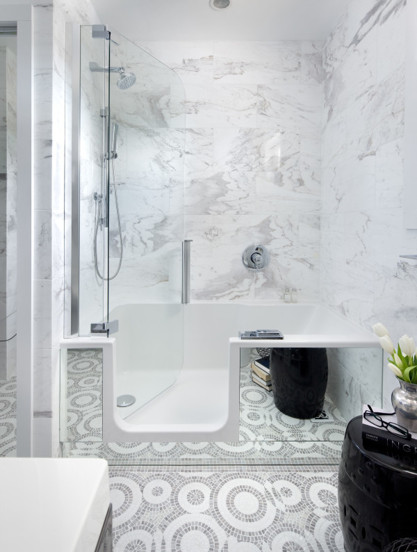 Bathroom,Luxurious Small Space Bathtub And Shower Combination Design With Modern Seamless Glass Shower Door Plus Cool Glossy Black Garden Stool Also Gorgeous Marble Mosaic Tile Floor,Contemporary Bathtub And Shower Combinations