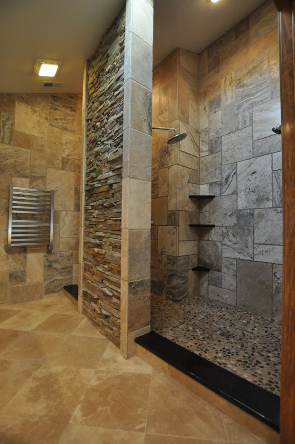 Bathroom,Astounding Stone Tile Wall Small Showers For Small Bathroom Design Ideas With Charming Open Plan Shower And Cool Stainless Shower Head Also Trendy Cream Ceramic Tile Floor,Elegant Small Showers For Small Bathrooms Inspiration