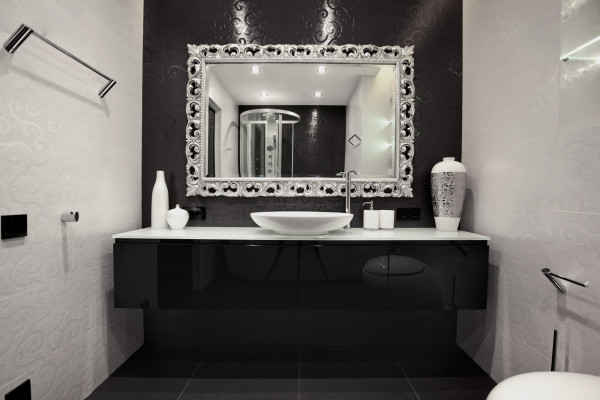 Bathroom,Magnificent Small Space Swedish Bathroom Design Ideas With Modern Black Glossy Floating Bathroom Vanity Cabinet On Combined Nice White Countertop And Wonderful White Ceramic Vessel Sink Also Luxurious Rectangular Wall Mirror,Swedish Bathroom Design Modern