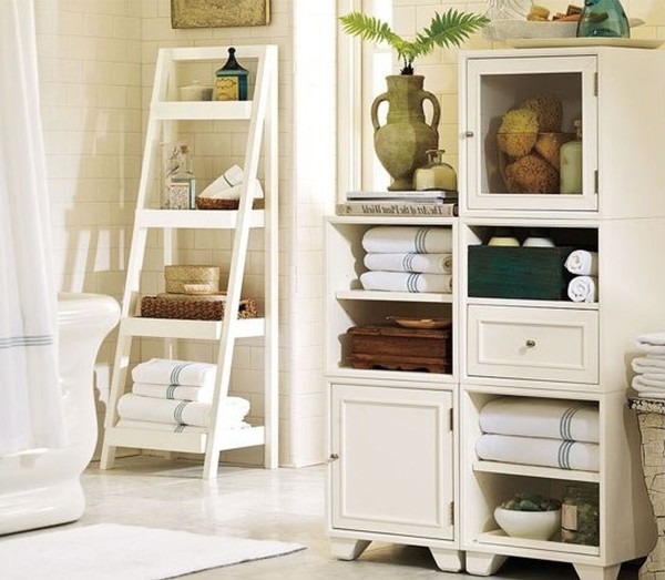 Bathroom,Fabulous White Ceramic Tile Wall Bathroom Storage Ideas For Small Bathroom With Cool White Wood Open Ladder Shelves And Comfortable White Ceramic Freestanding Bathtub Also Soft White Curtains,Cool Neat Bathroom Storage Ideas For Small Bathrooms