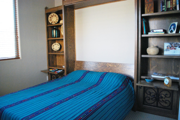 Bedroom,Astounding White Wall Paint Murphy Bed Design Inspiration With Comfortable Clue Striped Bed Sheet And Antique Brown Wood Rack Also Nice Small Windows,Uniquely Murphy Bed Inspiration For Your Bedroom