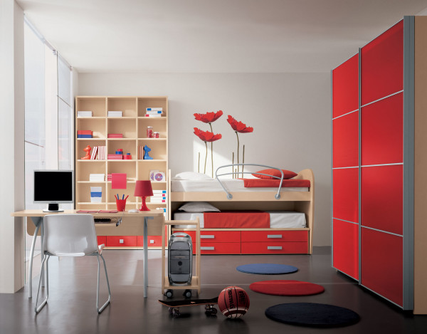Bedroom,Enchanting White Background Kid Picture Ideas With Stylish Red Bunk Bed On Combined Nice Red Under Drawers Bed And Comfortable Study Space Plus Exquisite Bright Brown Wood Open Bookshelf Also Adorable Red Cupboard,Cute And Delightful Bedrooms Kid Picture Ideas
