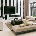 Furniture,Exceptional House Interior Design Picture With Awesome White Leather Sleeper Sofa And Comfortable Large Bench On Combined Cool White Ceramic Floor Also Picturesque Tv Wall Units On The Black White Striped Wall,Beautiful House Interior Design Pictures