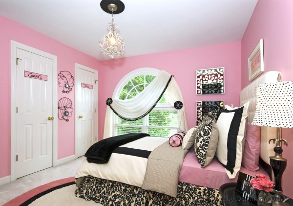 Bedroom,Cute Pink Wall Paint Modern Bedroom Ideas For Teenage Girl With Comfortable Low Profile Bed And Soft Creamy Fabric Headboard Also Beautiful Dot White Black Drum Desk Lamp Plus Elegant Pendant Lamp,Cute Modern Bedroom Ideas For Teenage Girls