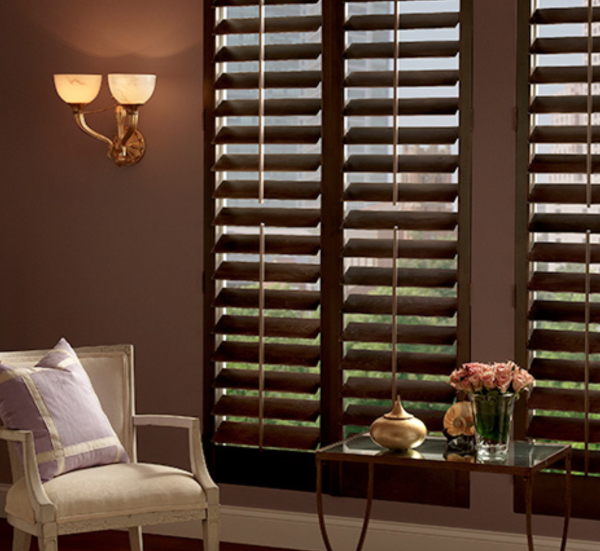 Living Room,Gorgeous Plantation Faux Wood Blind Design Ideas On Combined Brown Color With Comfortable White Chair And Pretty Glass Table Also Nice Arrangement Floral,Plantation Faux Wood Blinds For Your Living Room