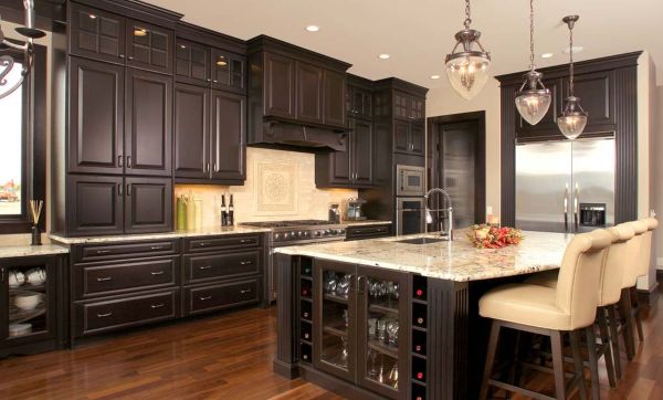 Furniture,Unusual Large Space Kitchen Design Ideas With Awesome Great Wood Floating Kitchen Cabinet In Beautiful Black Color And Gorgeous Black Wood Kitchen Cabinet Also Stunning Black White Kitchen Island On Combined Nice Brown Wood Floor Plus Vintage Three Glass Pendant Lamp,Luxury Kitchen Designers