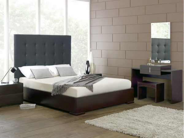 Bedroom,Creative Metal Gray Headboard Bed Design Ideas With Charming Brown Bed Frame And Comfortable Make Up Table Also Gorgeous Dark Brown Nightstand Table On Combined Vintage Wood Floor,Single Bedroom With Headboard Beds