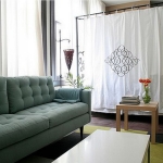 Apartments,Dazzling Small Space Apartment Ideas With Comfortable Blue Sofa And Nice Bright Brown Wood Square Accent Table Plus Beautiful White Rectangular Table Also Soft Large White Curtains,Comfort Studio For Contemporary Apartment Ideas