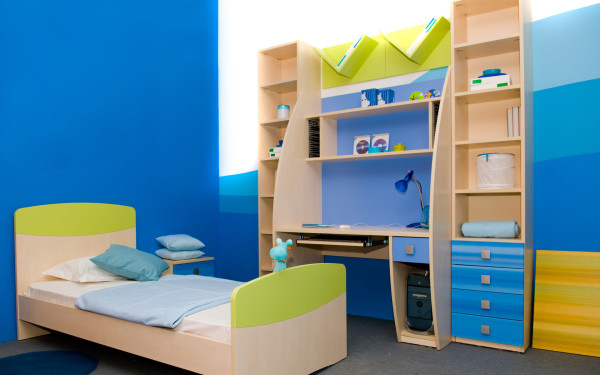 Bedroom,Dazzling Small Space Kid Picture Ideas With Fabulous Bright Brown Bed Frame On Combined Soft White Bed Sheet And Wonderful Bright Brown Wood Study Table Also Picturesque Blue Wall Paint,Cute And Delightful Bedrooms Kid Picture Ideas