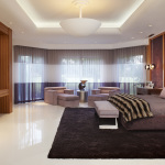 Bedroom,Adorable Large Space Bedroom Design Ideas With Fabulous Brown Bed Frame And Cool Grey Bench On Combined Soft Black Rug Plus Stunning Tv Wall Unit Also Gorgeous White Oversized Pendant Lamp For Luxurious Concept,Wide Range Of The Latest Modern Bedrooms