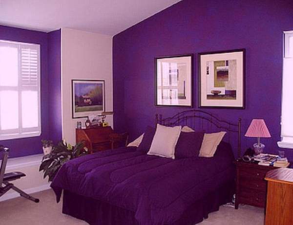Bedroom,Dazzling Purple White Room Painting Ideas With Gorgeous Black Iron Bed Frame On Combined Soft Purple Fabric Bed Cover And Beautiful Small Corner Study Space Also Adorable Brown Wood Nightstand Table ,Trendy Cute Room Painting Ideas