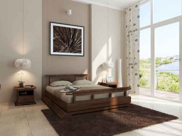 Bedroom,Exceptional Japanese Low Bed Design Ideas With Gorgeous Brown Bed Frame And Nice Brown Wood Nightstand Table Also Cozy Brown Synthetic Rug On Combined Beige Tiles,Sightly Low Beds Design