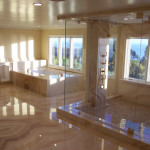 Bathroom,Elegant Large Space Bathroom Design Ideas With Nice Corner Built In Bathtub And Stylish Oversized Shower Enclosures Also Modern Peach Marble Floor,Fresh And Clean Bathroom Designs Modern
