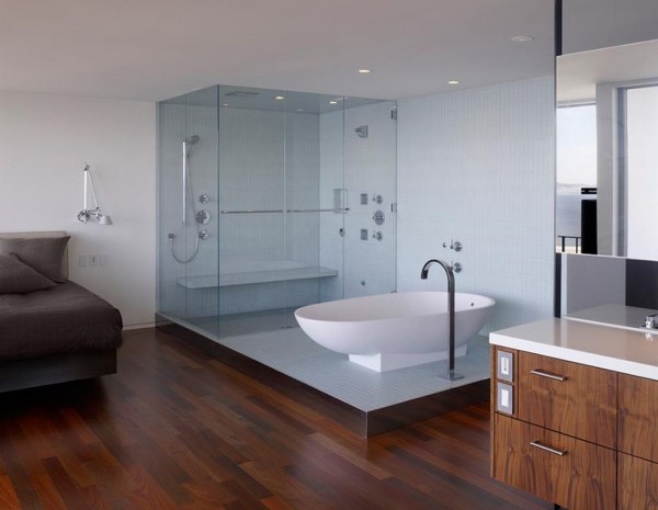 Bathroom,Contemporary Large Space Bathroom Design Ideas With Stunning White Ceramic Oval Shaped Bathtub Plus Nice Stainless Bathtub Faucet And Gorgeous Clear Glass Door Shower Room Also Beautiful White Wall Paint,Contemporary Bathroom Design Inspiration You To Clean The Body