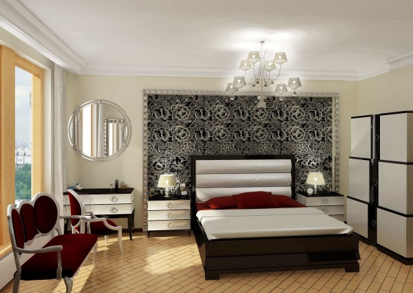 Furniture,Contemporary Home Interior Design Ideas With Stylish Black Bed Frame On Combined Comfortable White Bed Sheet And Beautiful White Black Wood Nightstand Tables On Combined Wonderful White Table Lamps Also Elegant Chandelier For Bedroom,Best Home Interior Design Ideas 2015