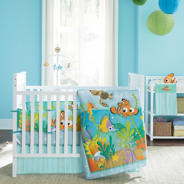 Bedroom,Amazing Soft Blue Wall Room Painting Ideas With Sweet White Wood Baby Crib And Beautiful Fish Motive Toddler Bed Skirt Also Cool Custom Open Clothing Shelves Plus Adorable White Single Windows On Combined Gorgeous White Curtains,Trendy Cute Room Painting Ideas