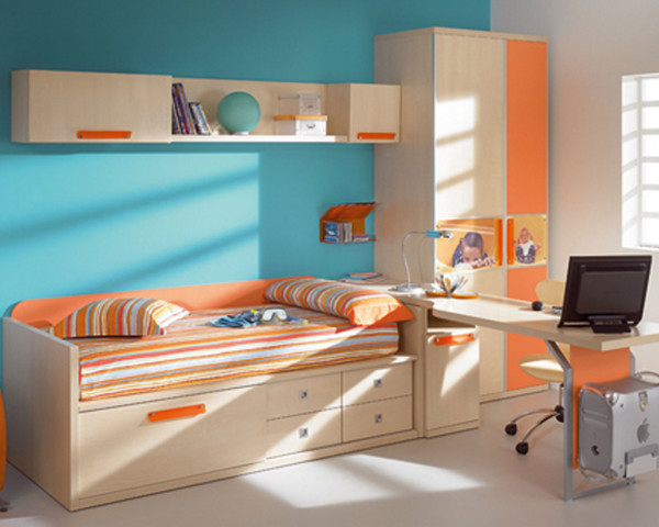 Bedroom,Enthralling Small Blue And White Themed Kids Bedroom Design Ideas With Cool Solid Bed Frame On Combined Orange White Stripe Bed Cover And Style Bookshelf Also Gorgeous Large Wardrobe,Delight Kids Bedroom Design