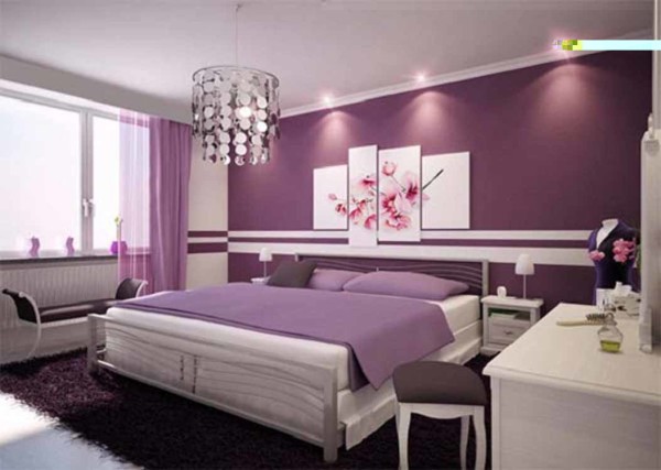 Bedroom,Exclusive Modern Bedroom Decoration With Beautiful Purple White Scheme And Comfortable Aluminum Bed Frame On Combined Double White Mattress Also Cool Pendant Lamp For Girls ,Modern Bedroom Design
