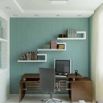 Furniture,Stylish White Mixed Light Blue Wall Paint Best Desks For Small Space Design With Charming Wall Mount Storage And Trendy Ameriwood Dark Russet Cherry L Shaped Computer Desk Also Contemporary Gray Office Chair Plus Beautiful White Drum Table Lamp,Stunning Office Room With Best Desks For Small Spaces