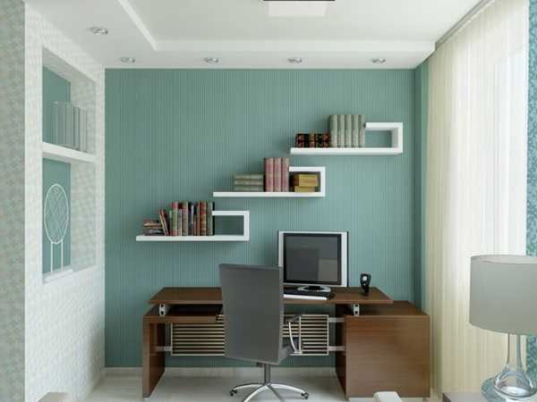 Furniture,Stylish White Mixed Light Blue Wall Paint Best Desks For Small Space Design With Charming Wall Mount Storage And Trendy Ameriwood Dark Russet Cherry L Shaped Computer Desk Also Contemporary Gray Office Chair Plus Beautiful White Drum Table Lamp,Stunning Office Room With Best Desks For Small Spaces