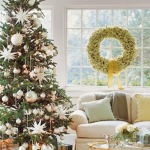 Furniture,Admirable White Wall Paint Design Christmas Tree Ornament With Stunning Green Christmas Tree On Combined Wonderful White Ball Ornaments And Comfortable White Sofa Plus Cool Glass Table Also Nice White Wood Window Frame,Spectacular Designer Christmas Tree Ornaments