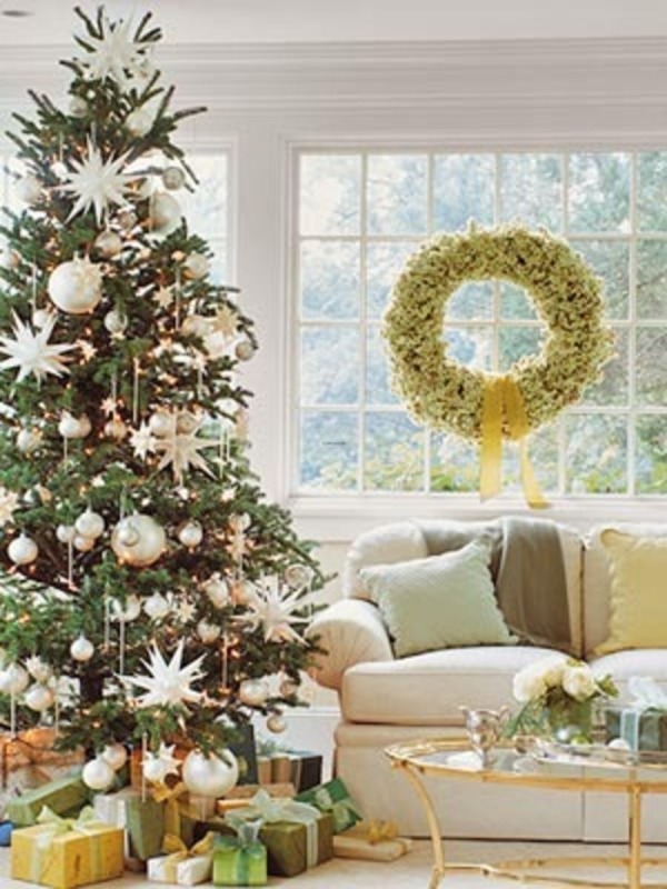 Furniture,Admirable White Wall Paint Design Christmas Tree Ornament With Stunning Green Christmas Tree On Combined Wonderful White Ball Ornaments And Comfortable White Sofa Plus Cool Glass Table Also Nice White Wood Window Frame,Spectacular Designer Christmas Tree Ornaments