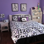 Bedroom,Stunning Purple Wall Paint Room Design For Teenage Girl With Wonderful Black Bed Frame On Combined Comfortable White Black Floral Ornament Bed Sheet And Cool White Study Table Also Gorgeous White Wood Nightstand Table Plus Beautiful White Black Drum Table Lamp,Cool Room Designs For Teenage Girls