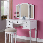 Bedroom,Gorgeous Make Up Table Design Ideas In Stylish White Color With Wonderful Three Glass Mirror And Beautiful White Drawer Also Comfortable Ottoman,Make Up Table Design Ideas