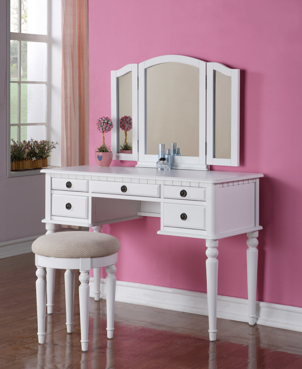 Bedroom,Gorgeous Make Up Table Design Ideas In Stylish White Color With Wonderful Three Glass Mirror And Beautiful White Drawer Also Comfortable Ottoman,Make Up Table Design Ideas