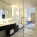 Bathroom,Exceptional Small Space Bathroom Design Ideas With Amazing Floating Bathroom Vanity In Black Wood Material On Combined Nice Undermount Trough Sink Bathroom And Cool Large Wall Mirro Also Modern Clear Glass Door Shower Plus Gorgeous White Wall Paint,Fresh And Clean Bathroom Designs Modern