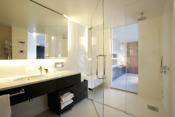 Bathroom,Exceptional Small Space Bathroom Design Ideas With Amazing Floating Bathroom Vanity In Black Wood Material On Combined Nice Undermount Trough Sink Bathroom And Cool Large Wall Mirro Also Modern Clear Glass Door Shower Plus Gorgeous White Wall Paint,Fresh And Clean Bathroom Designs Modern