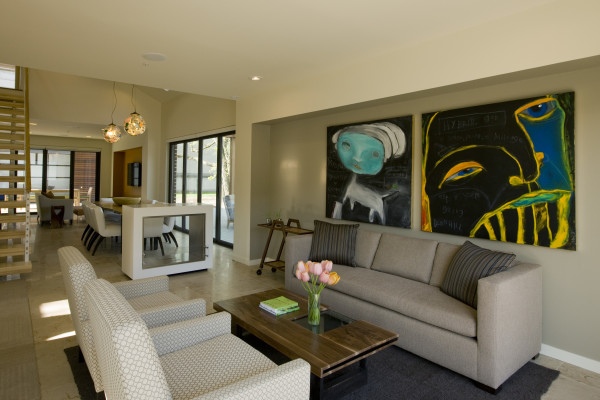 Interior,Unusual Open Plan Great House Design Ideas With Charming Broken White Leather Three Seater Sofa And Nice Large Brown Wood Coffe Table On Combined Soft Black Carpet Plus Wonderful Artworks Also Delightful Breakfast Nook,Interior Great House Design Ideas