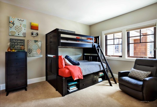 Bedroom,Marvelous Bedroom Design For Guy Design Ideas With Charming Bunk Bed On Combined Beautiful Black Bed Frame Plus Stylish Ubnder Storage Bed And Comfortable Black Leather Single Seater Sofa Also Cool Black Wood Dresser ,Cool Bedroom Designs For Guys